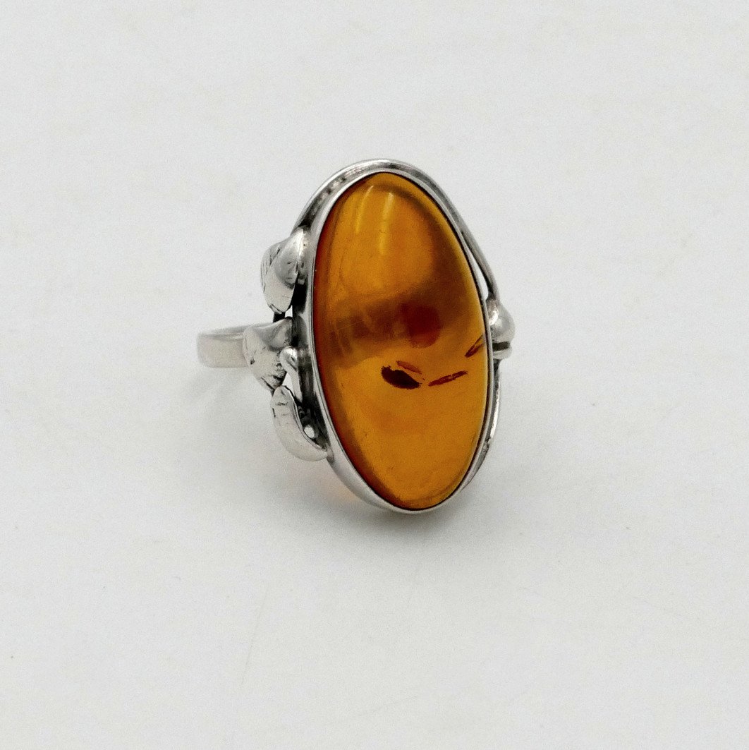 Ring With Large Amber Cabochon On Silver, Art Nouveau Style, Tdd 55.