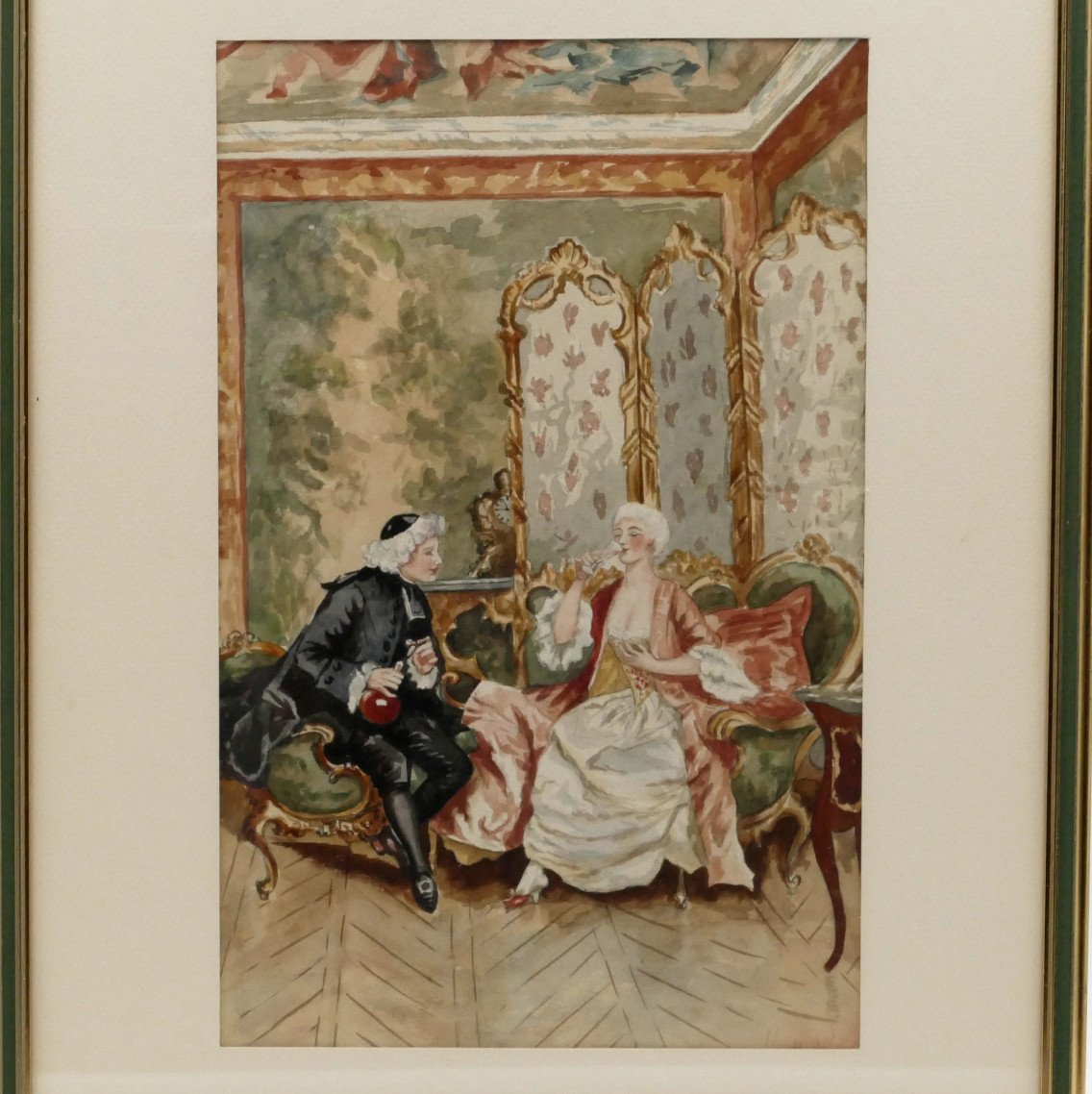 “the Tasting”, Watercolor, Interior Scene In Louis XV Style.-photo-2