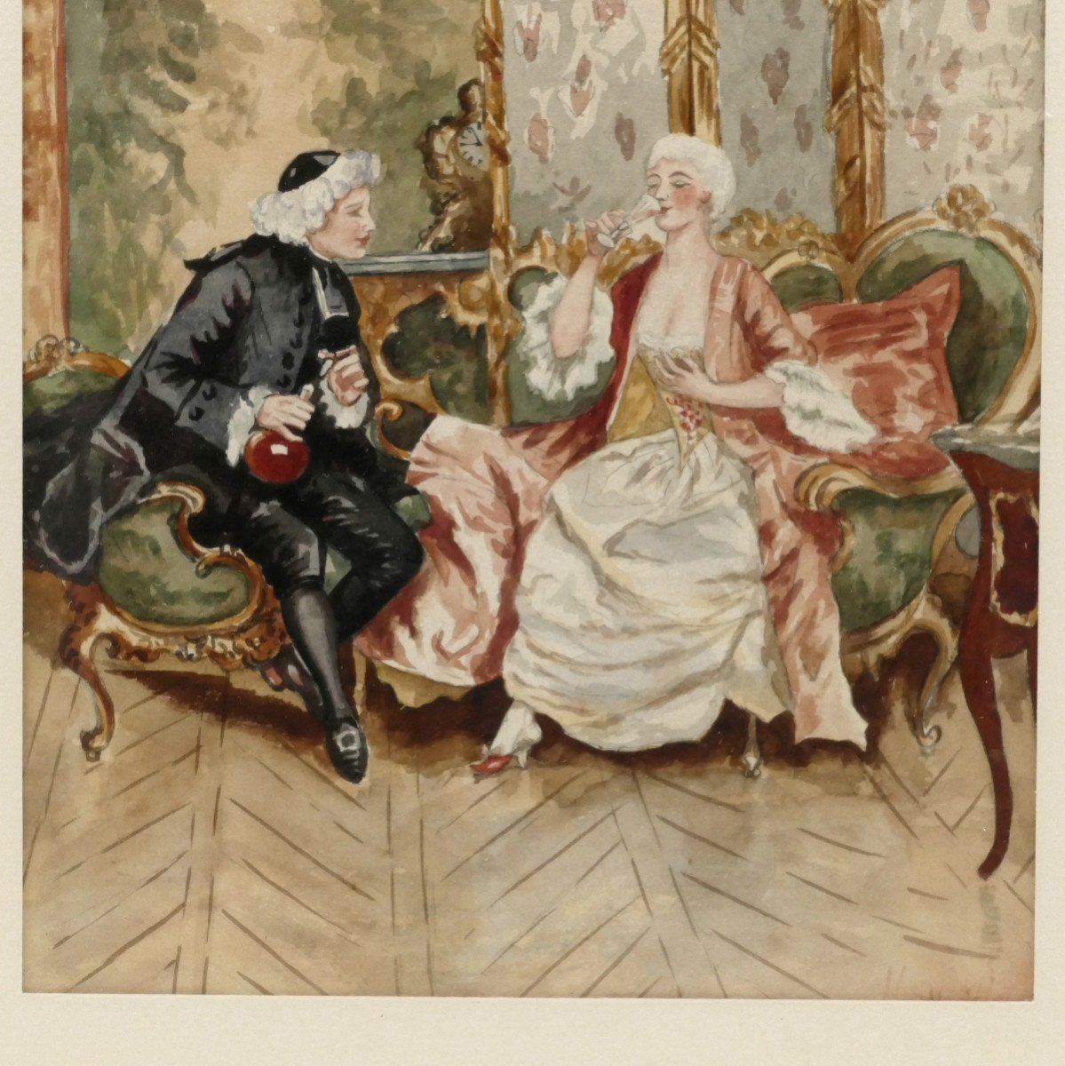 “the Tasting”, Watercolor, Interior Scene In Louis XV Style.-photo-3