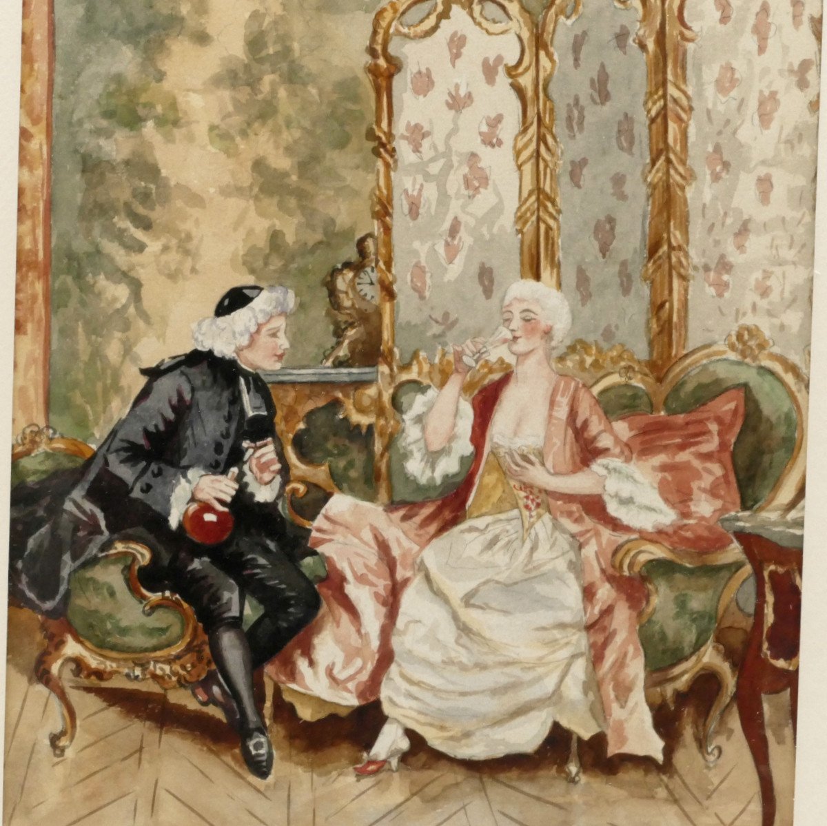 “the Tasting”, Watercolor, Interior Scene In Louis XV Style.-photo-4