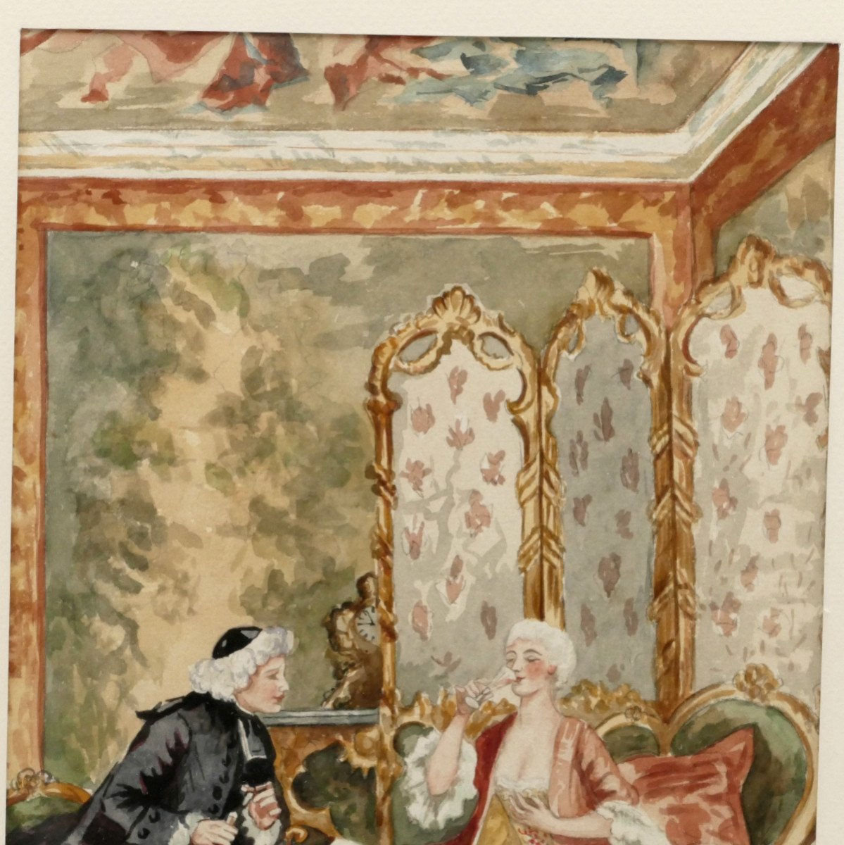 “the Tasting”, Watercolor, Interior Scene In Louis XV Style.-photo-1