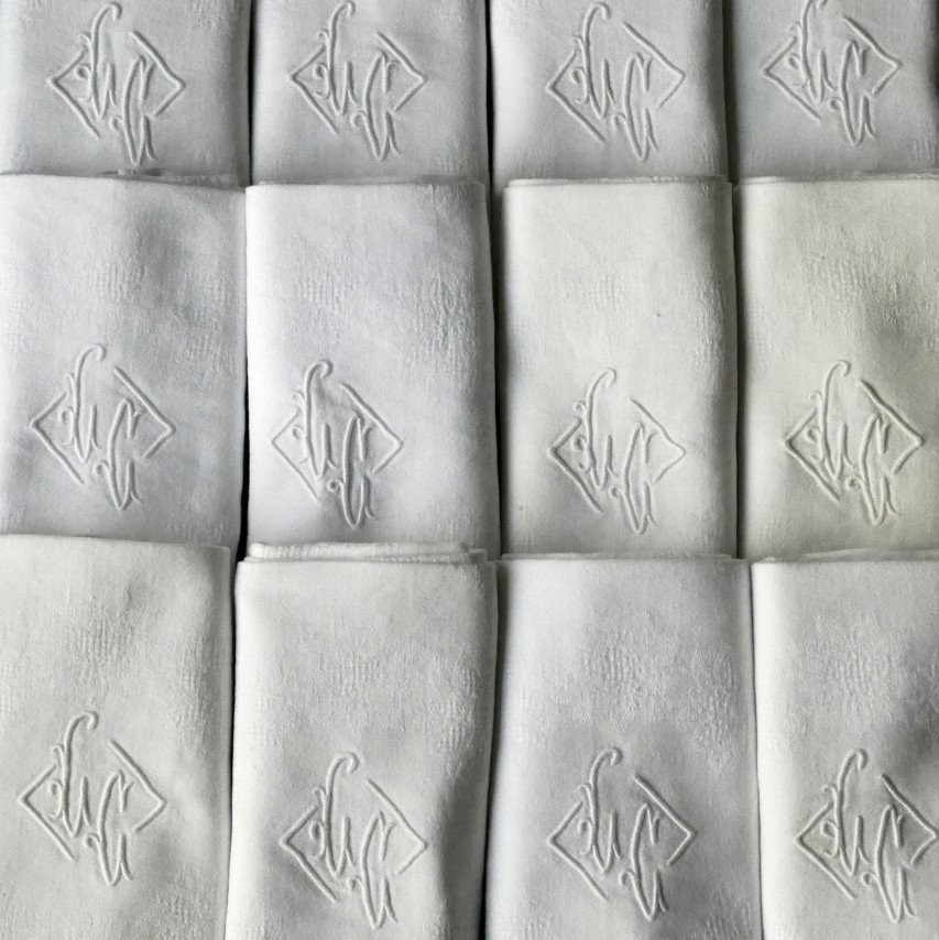 Twelve Large Damask Napkins, Openwork, Monogram “lc”, Art Nouveau.-photo-2