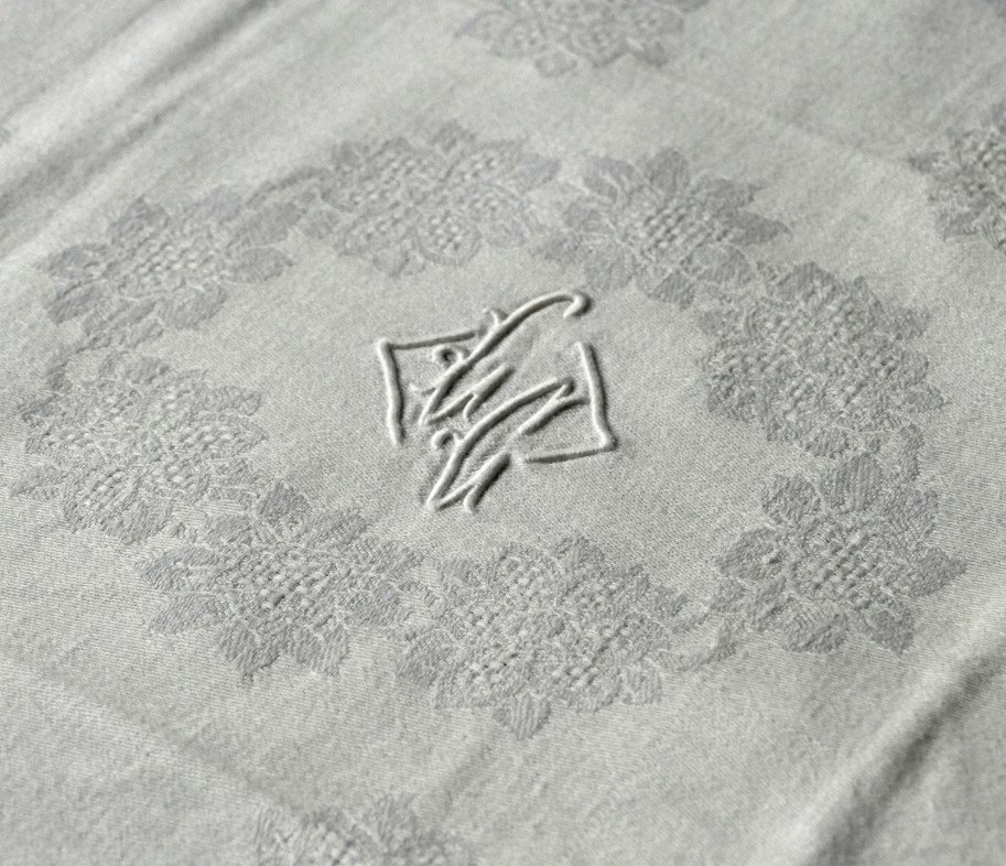 Twelve Large Damask Napkins, Openwork, Monogram “lc”, Art Nouveau.