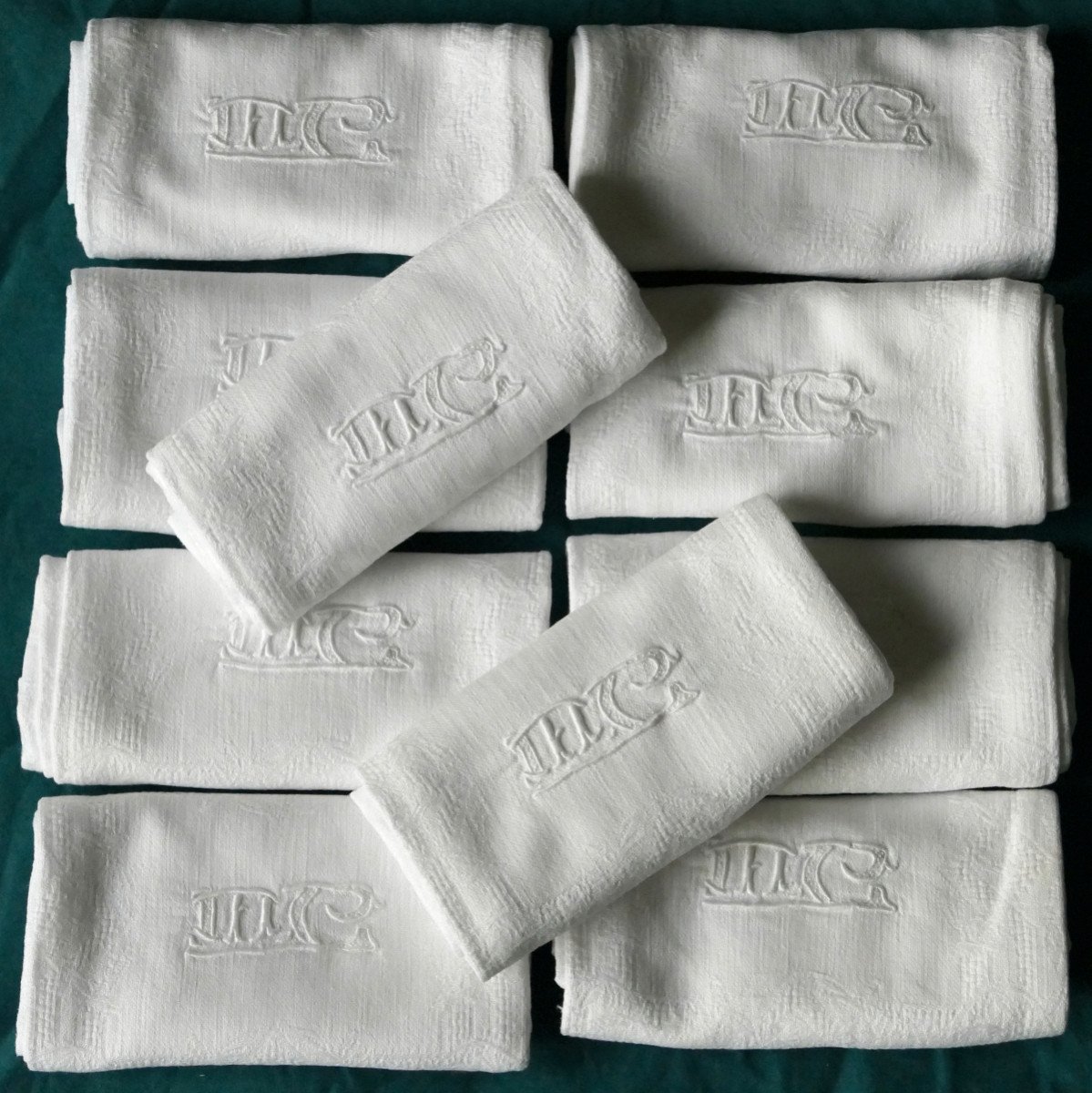 Ten Damask Napkins, Openwork, Monogram “mc”, Art Deco.