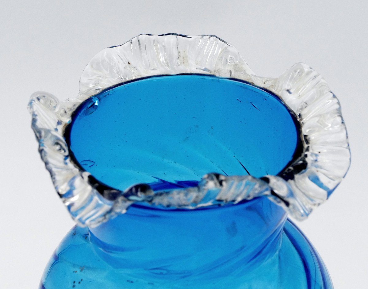 Blue Blown Glass Vase, Corolla Neck And Base, 20th Century.-photo-2