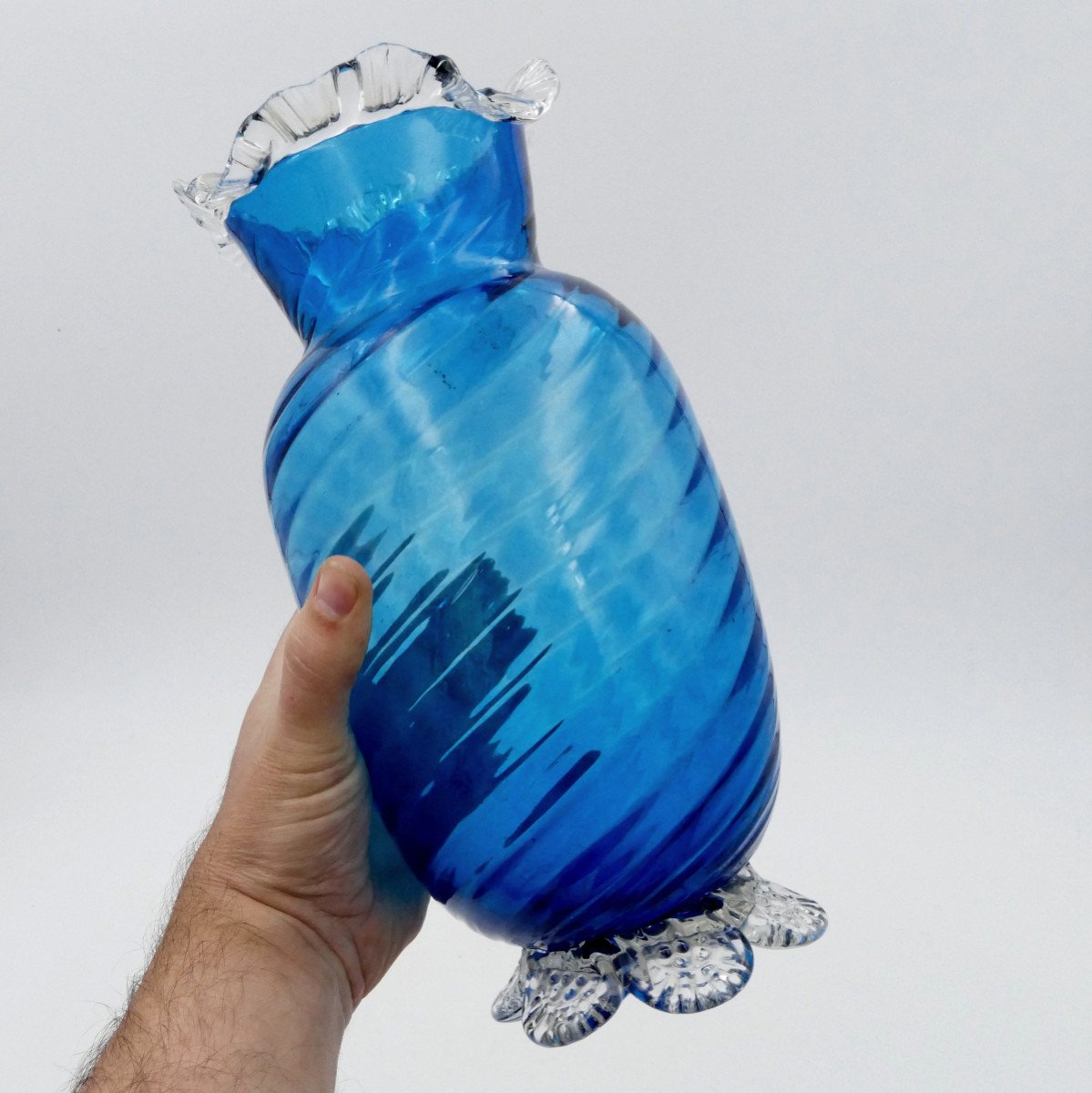 Blue Blown Glass Vase, Corolla Neck And Base, 20th Century.-photo-3