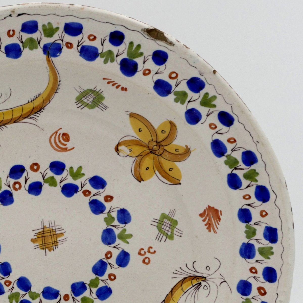 Earthenware Dish, Decorated With Shrimps, Lemons And Flowers, 19th Century.-photo-1