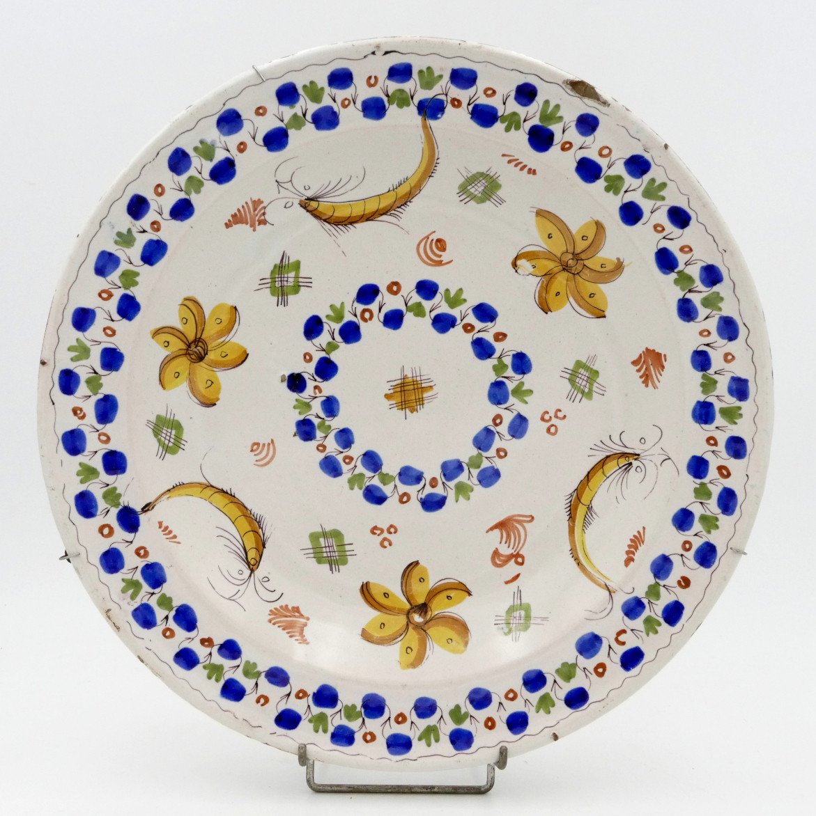 Earthenware Dish, Decorated With Shrimps, Lemons And Flowers, 19th Century.