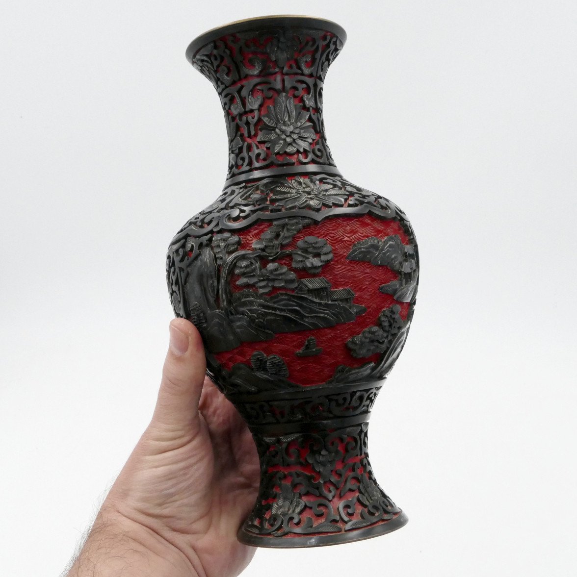 China, Cinnabar Lacquer Baluster Vase, 20th Century.