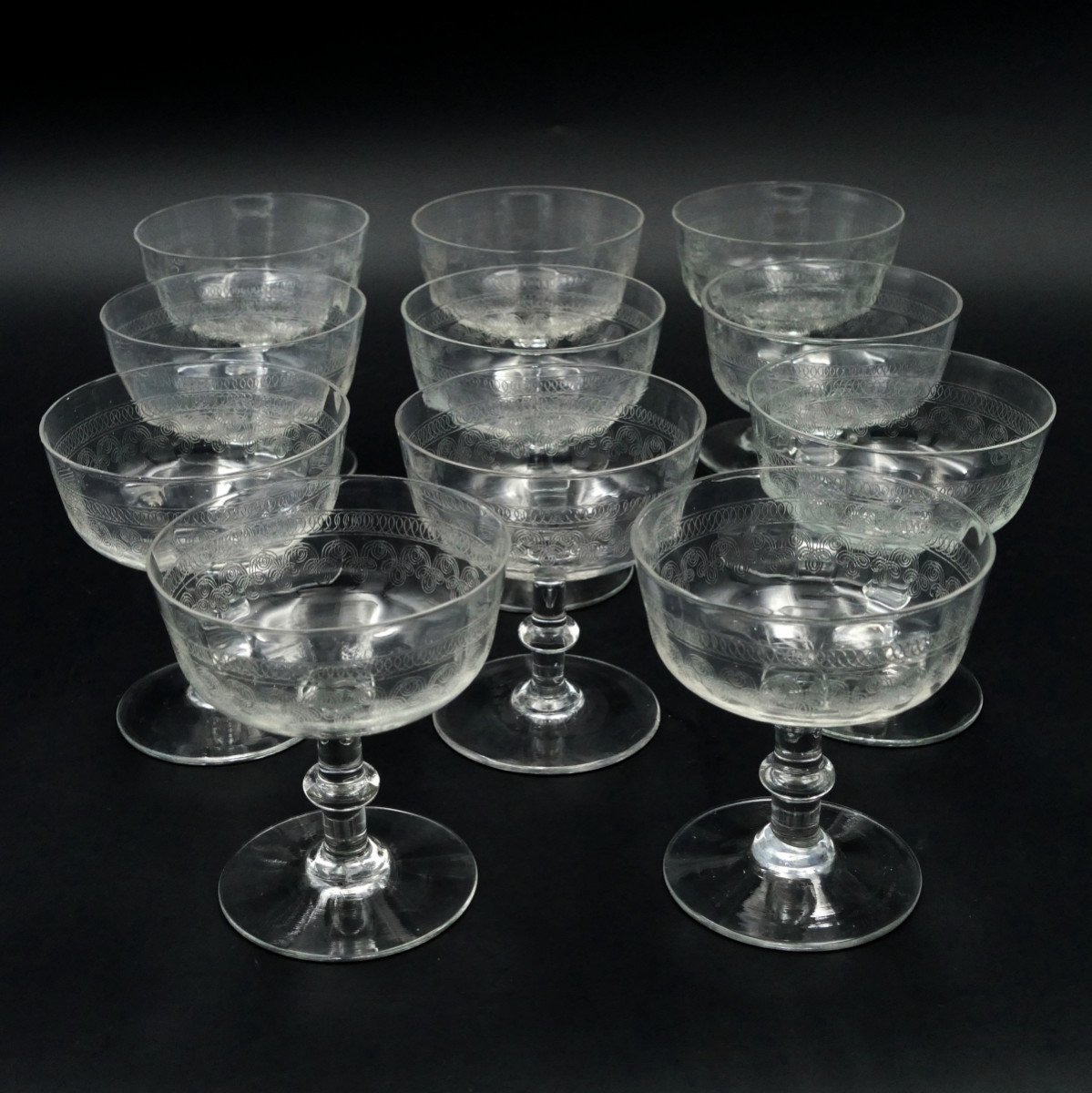 Eleven Engraved Glass Champagne Coupes, Late 19th / Early 20th Century.-photo-3