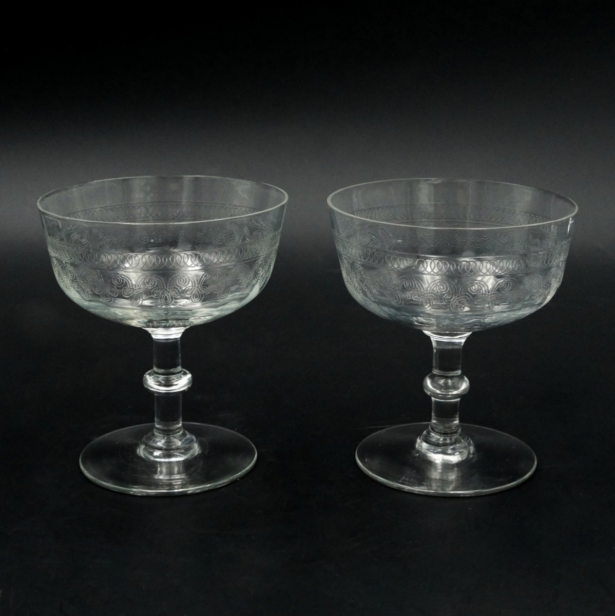 Eleven Engraved Glass Champagne Coupes, Late 19th / Early 20th Century.-photo-4