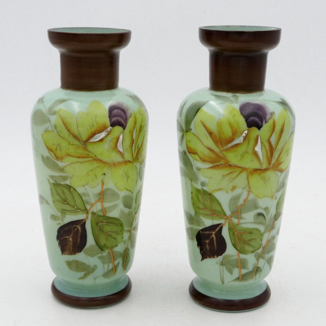 Paire De Vases Art Nouveau Peints, Roses Jaunes, Or Et Ouraline, Fin XIXe Siècle.-photo-2