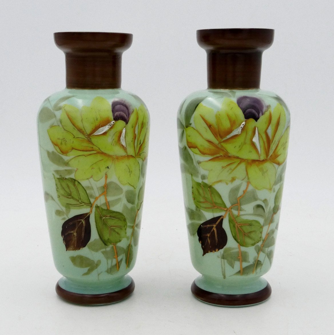 Paire De Vases Art Nouveau Peints, Roses Jaunes, Or Et Ouraline, Fin XIXe Siècle.-photo-3