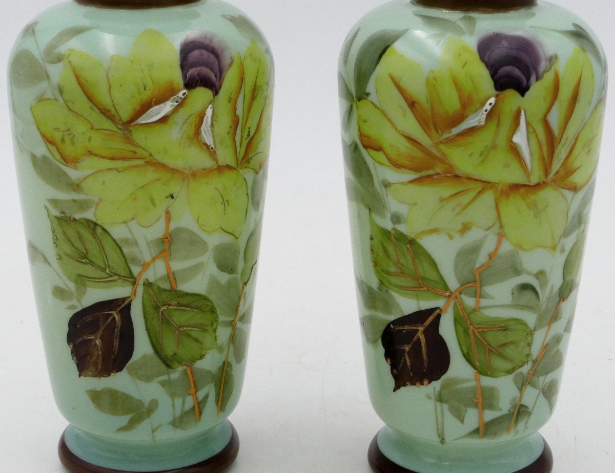 Paire De Vases Art Nouveau Peints, Roses Jaunes, Or Et Ouraline, Fin XIXe Siècle.-photo-4