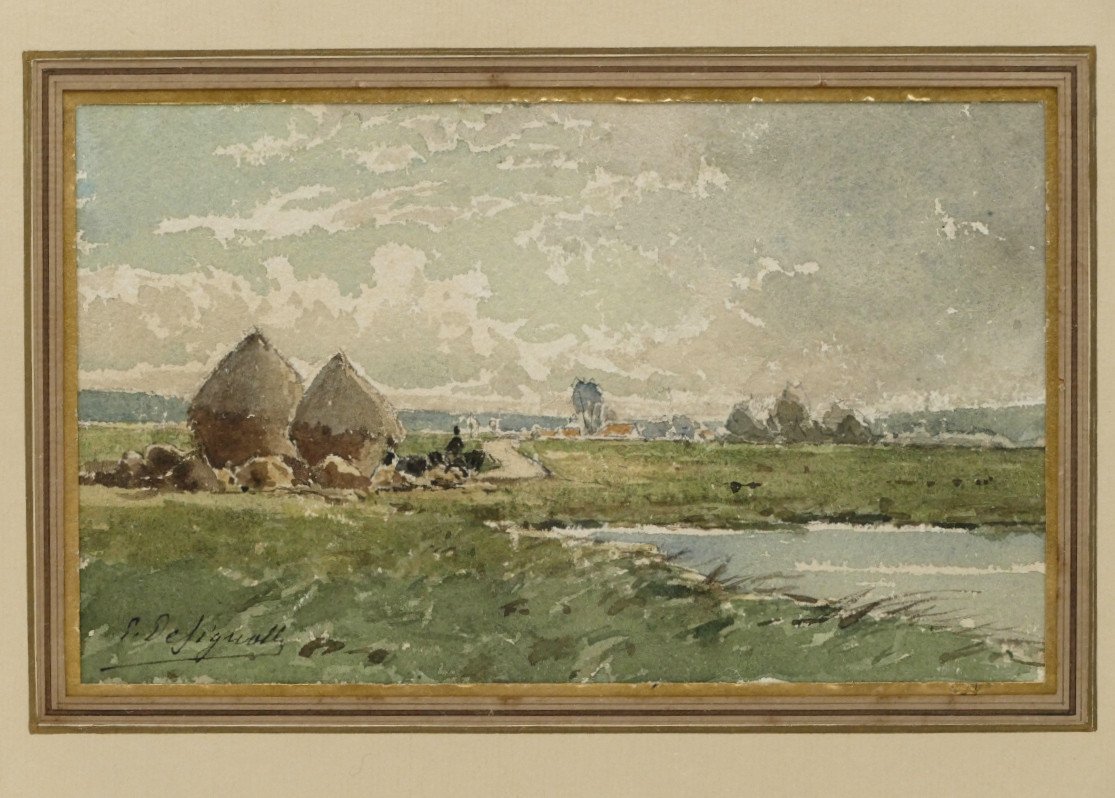 Designolle Ernest (1850-1941). « Paysage Aux Meules De Foin », Aquarelle, Début XXe Siècle.-photo-2