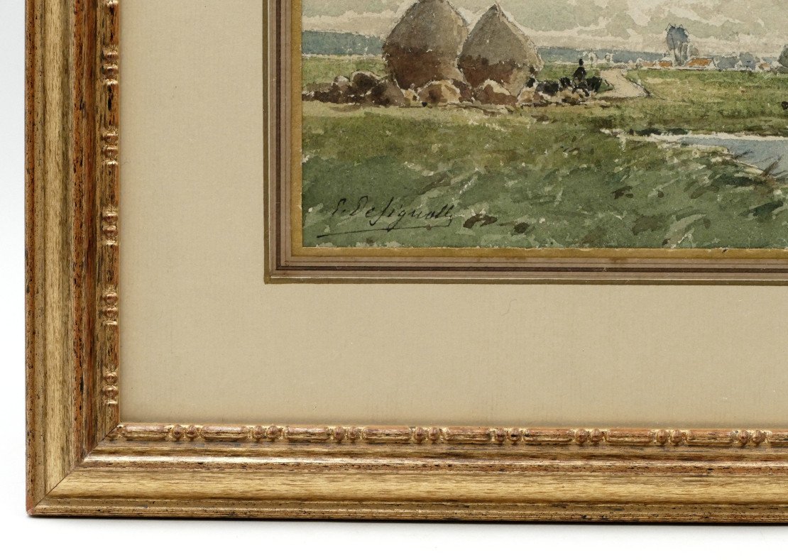 Designolle Ernest (1850-1941). « Paysage Aux Meules De Foin », Aquarelle, Début XXe Siècle.-photo-3