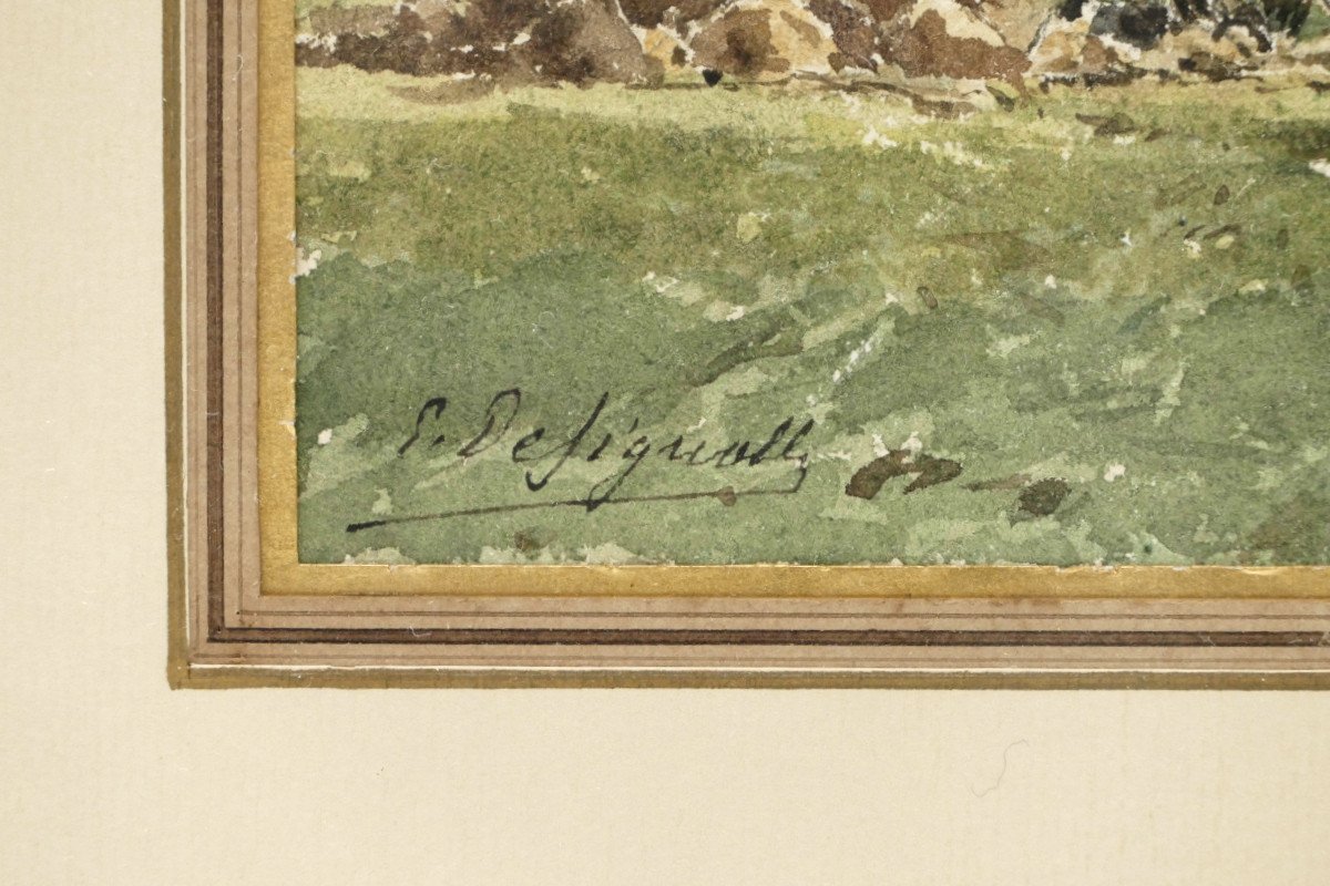 Designolle Ernest (1850-1941). « Paysage Aux Meules De Foin », Aquarelle, Début XXe Siècle.-photo-3