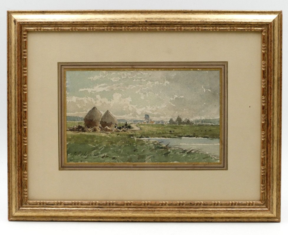 Designolle Ernest (1850-1941). « Paysage Aux Meules De Foin », Aquarelle, Début XXe Siècle.