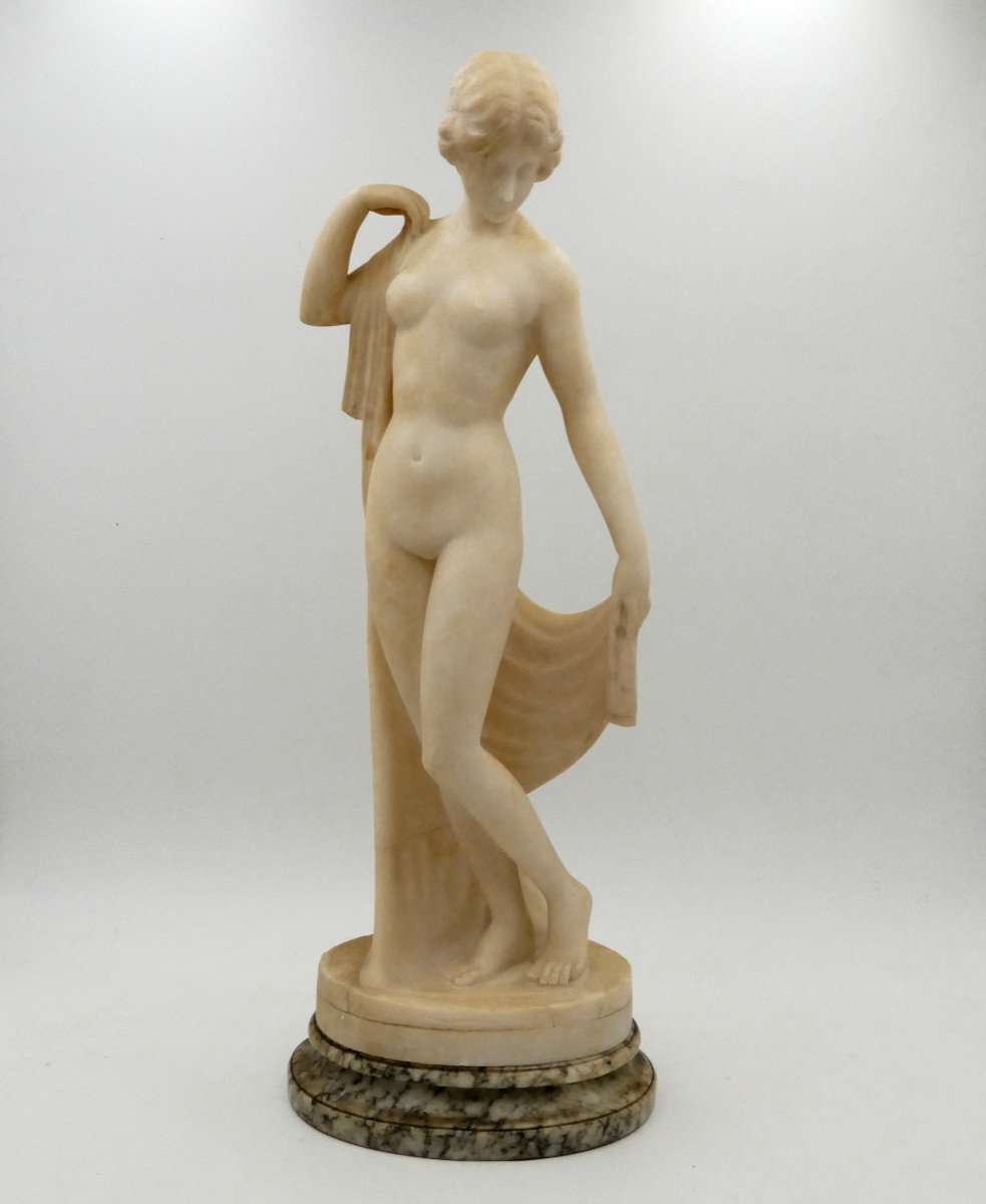 « Vénus Sortant Du Bain », Statue En Albâtre, Ou « Jeune Femme Au Drapé », Art Nouveau.-photo-2