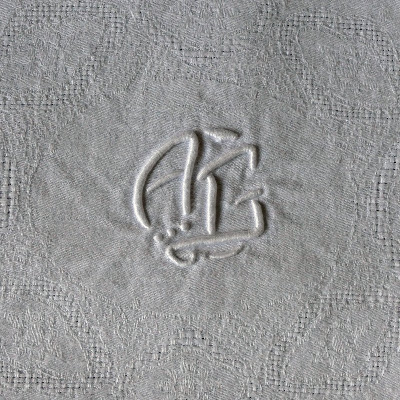 Service De Table Art Nouveau, Nappe Rectangulaire, Douze Serviettes, Monogramme « A G ».-photo-3