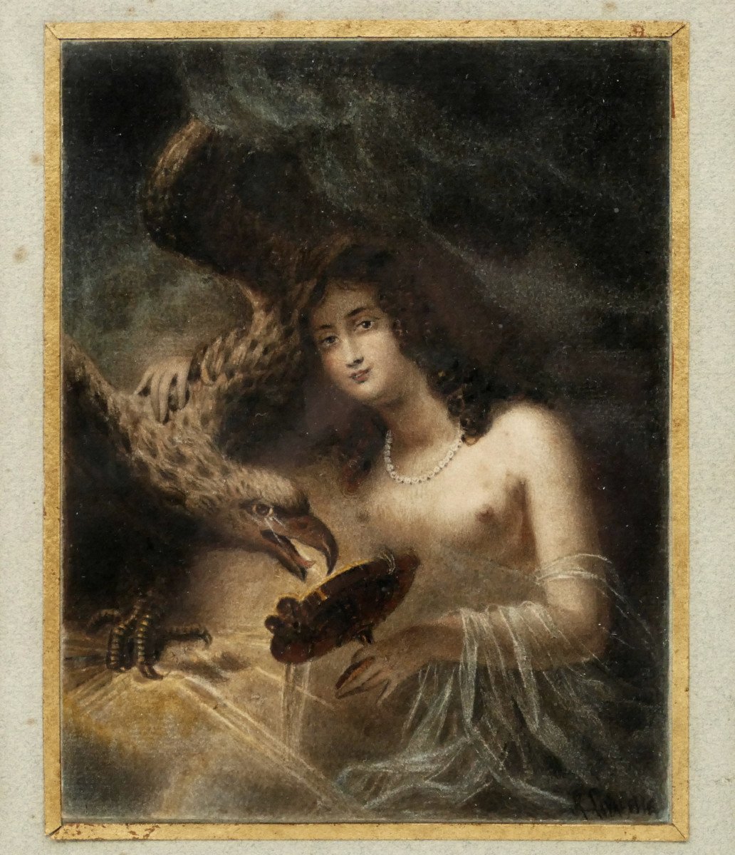 Pastel, Mythological Subject, “hebe The Goddess Of Youth And Zeus”, Late 19th Century.