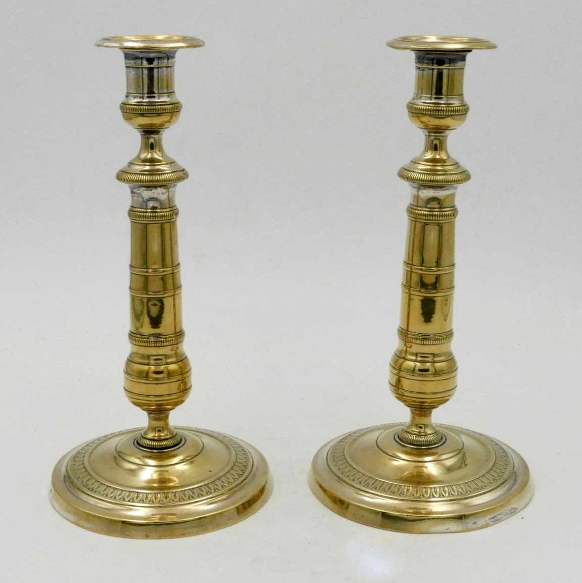 Pair Of Restoration Style Candlesticks, Silver And Gilt Metal, 19th Century.-photo-2