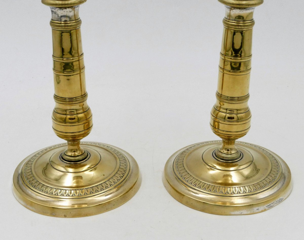 Pair Of Restoration Style Candlesticks, Silver And Gilt Metal, 19th Century.-photo-3