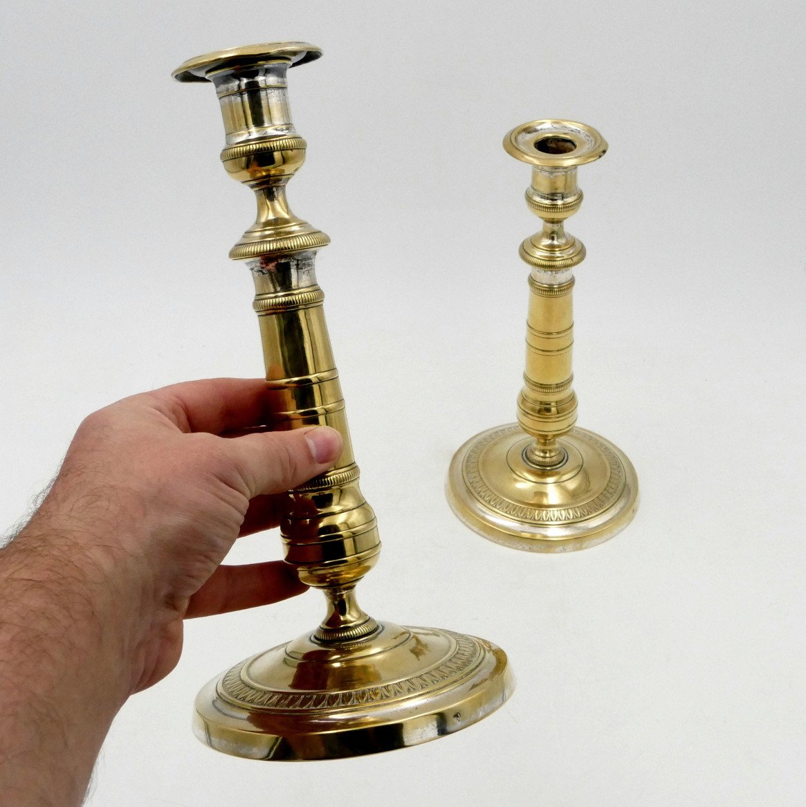 Pair Of Restoration Style Candlesticks, Silver And Gilt Metal, 19th Century.-photo-8