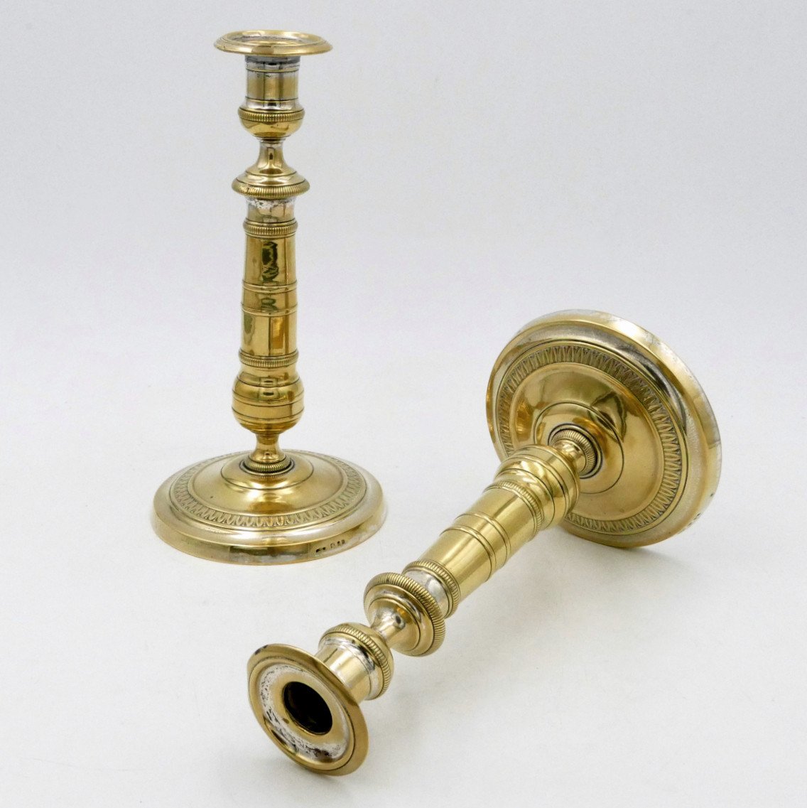 Pair Of Restoration Style Candlesticks, Silver And Gilt Metal, 19th Century.