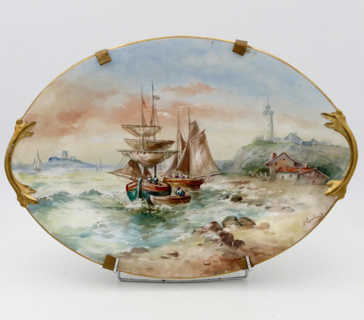 Paire De Grands Plats En Porcelaine De Limoges, Décor De Marines, 1900, Signées A. Coulaud.-photo-4