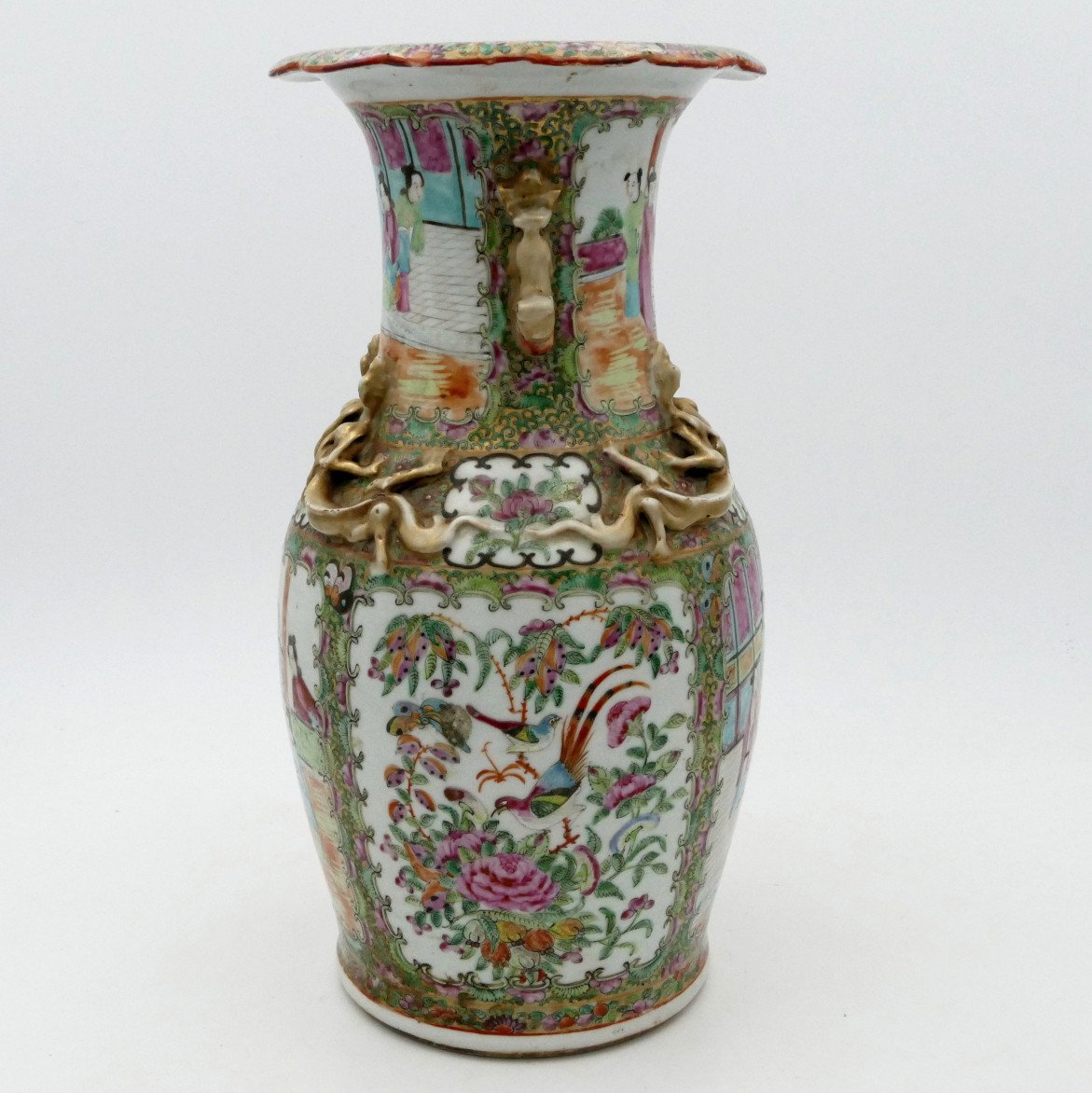 China, Famille Rose Porcelain Vase, 19th Century, Scenes Of People, Gardens, Birds.-photo-2