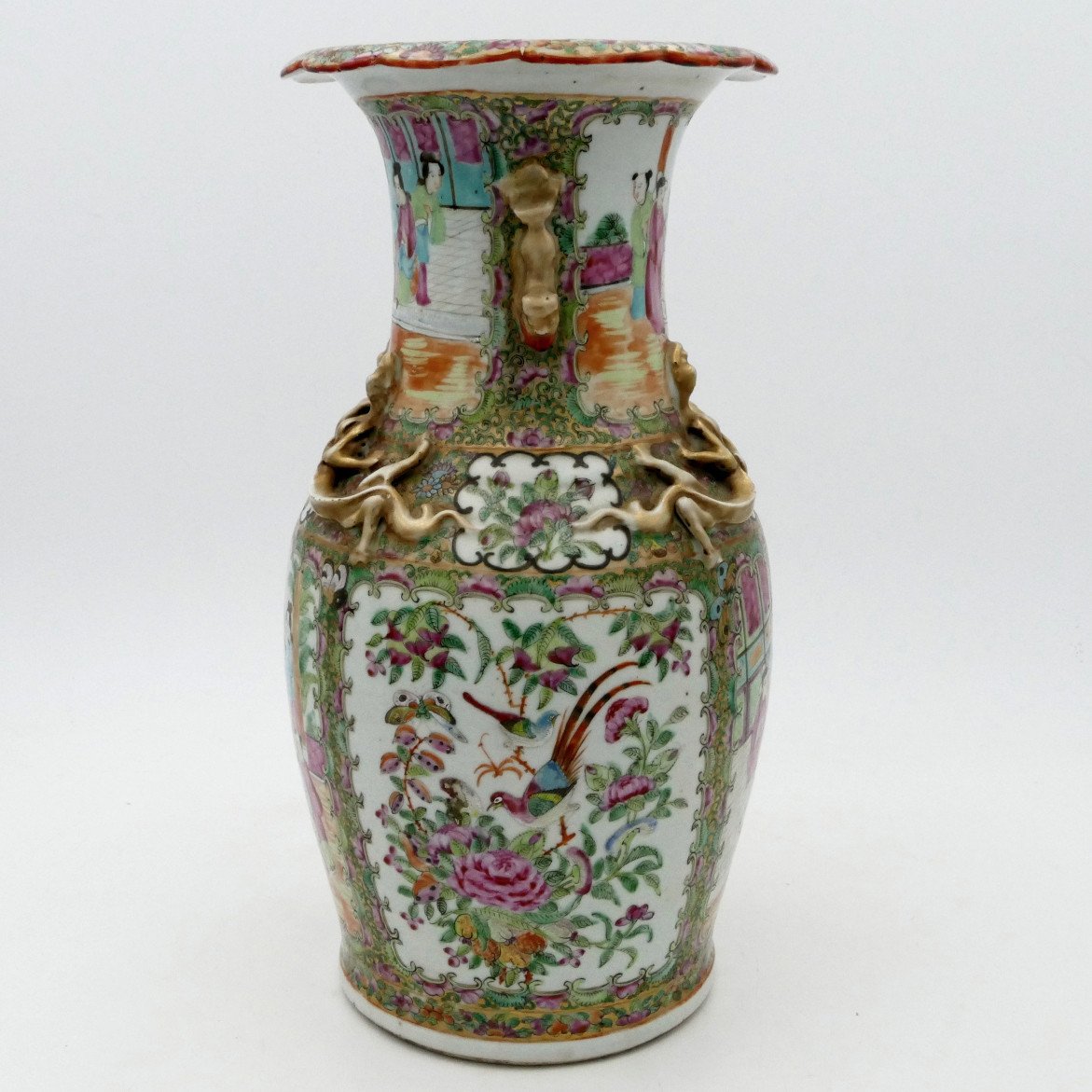 China, Famille Rose Porcelain Vase, 19th Century, Scenes Of People, Gardens, Birds.-photo-4