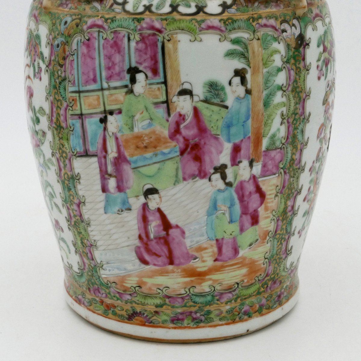 China, Famille Rose Porcelain Vase, 19th Century, Scenes Of People, Gardens, Birds.-photo-1