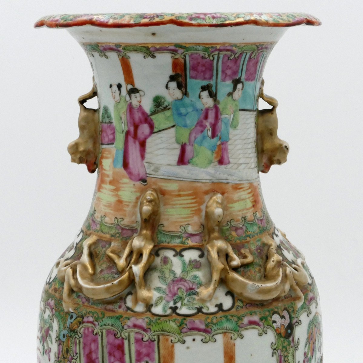 China, Famille Rose Porcelain Vase, 19th Century, Scenes Of People, Gardens, Birds.-photo-4