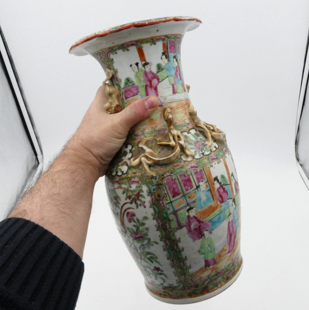 China, Famille Rose Porcelain Vase, 19th Century, Scenes Of People, Gardens, Birds.-photo-8