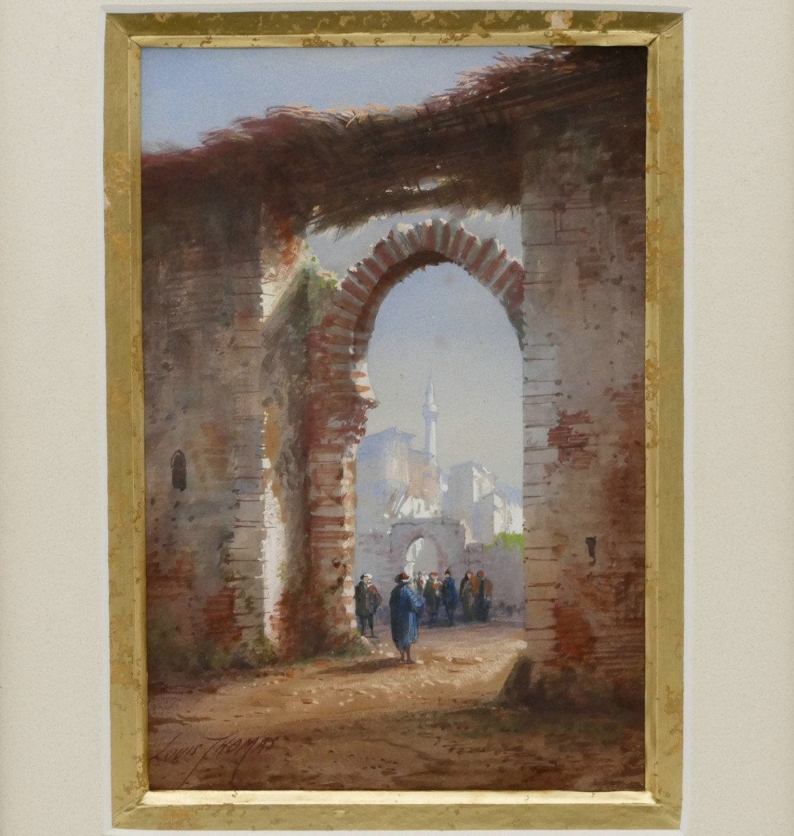 Orientalist Watercolor “animated View”, 19th Century, Signed Louis Thomas, Architecture.-photo-2