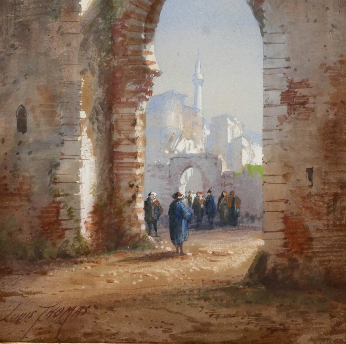 Orientalist Watercolor “animated View”, 19th Century, Signed Louis Thomas, Architecture.-photo-3