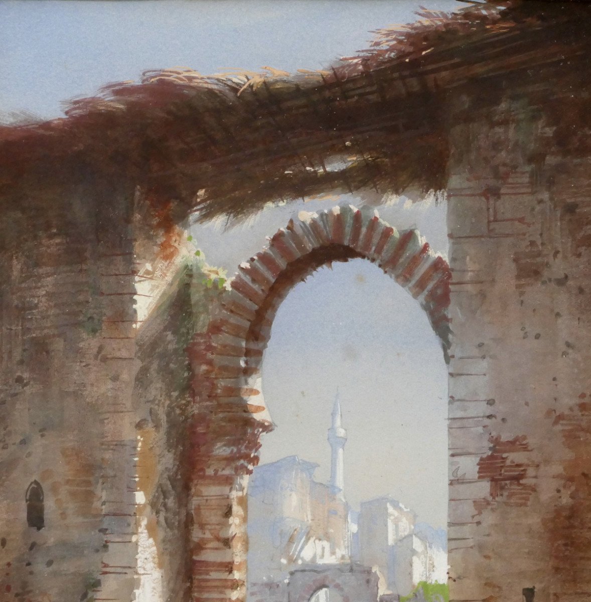 Orientalist Watercolor “animated View”, 19th Century, Signed Louis Thomas, Architecture.-photo-4