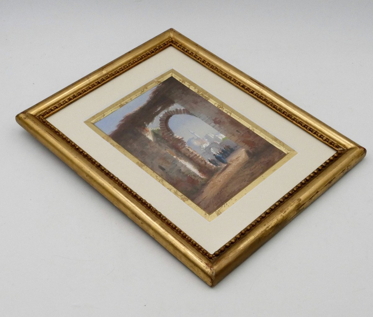 Orientalist Watercolor “animated View”, 19th Century, Signed Louis Thomas, Architecture.-photo-2