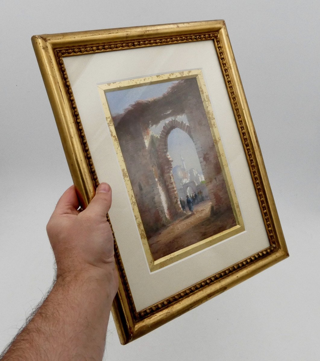 Orientalist Watercolor “animated View”, 19th Century, Signed Louis Thomas, Architecture.-photo-3