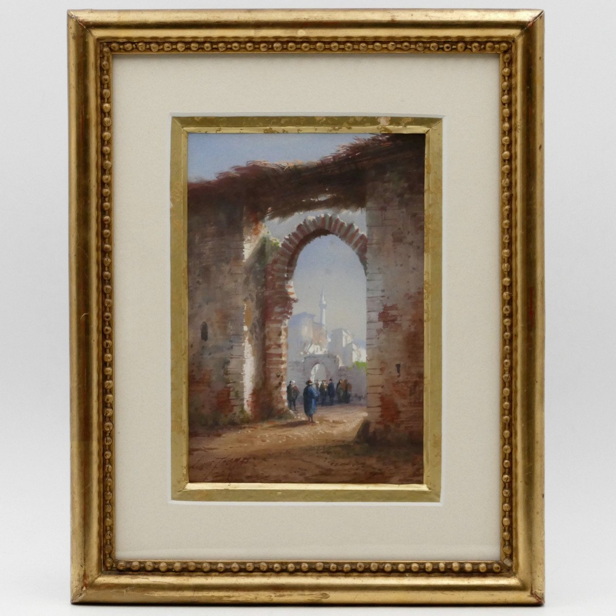 Orientalist Watercolor “animated View”, 19th Century, Signed Louis Thomas, Architecture.