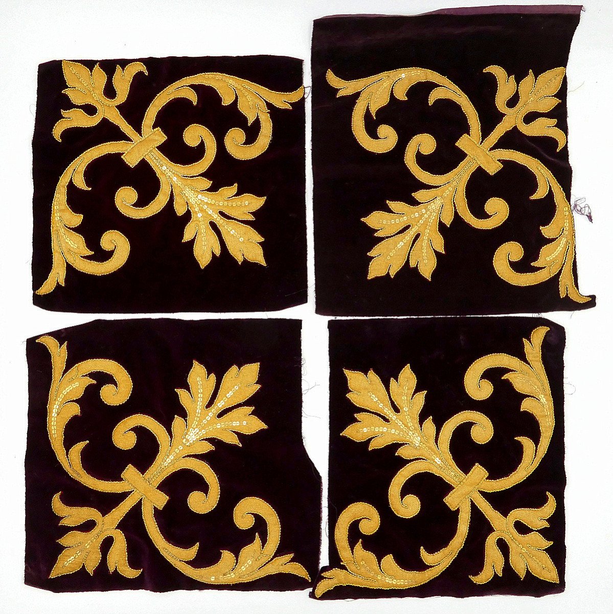 Four Purple Velvet Fabrics And Gold Embroidery, Napoleon III, 19th Century.-photo-2