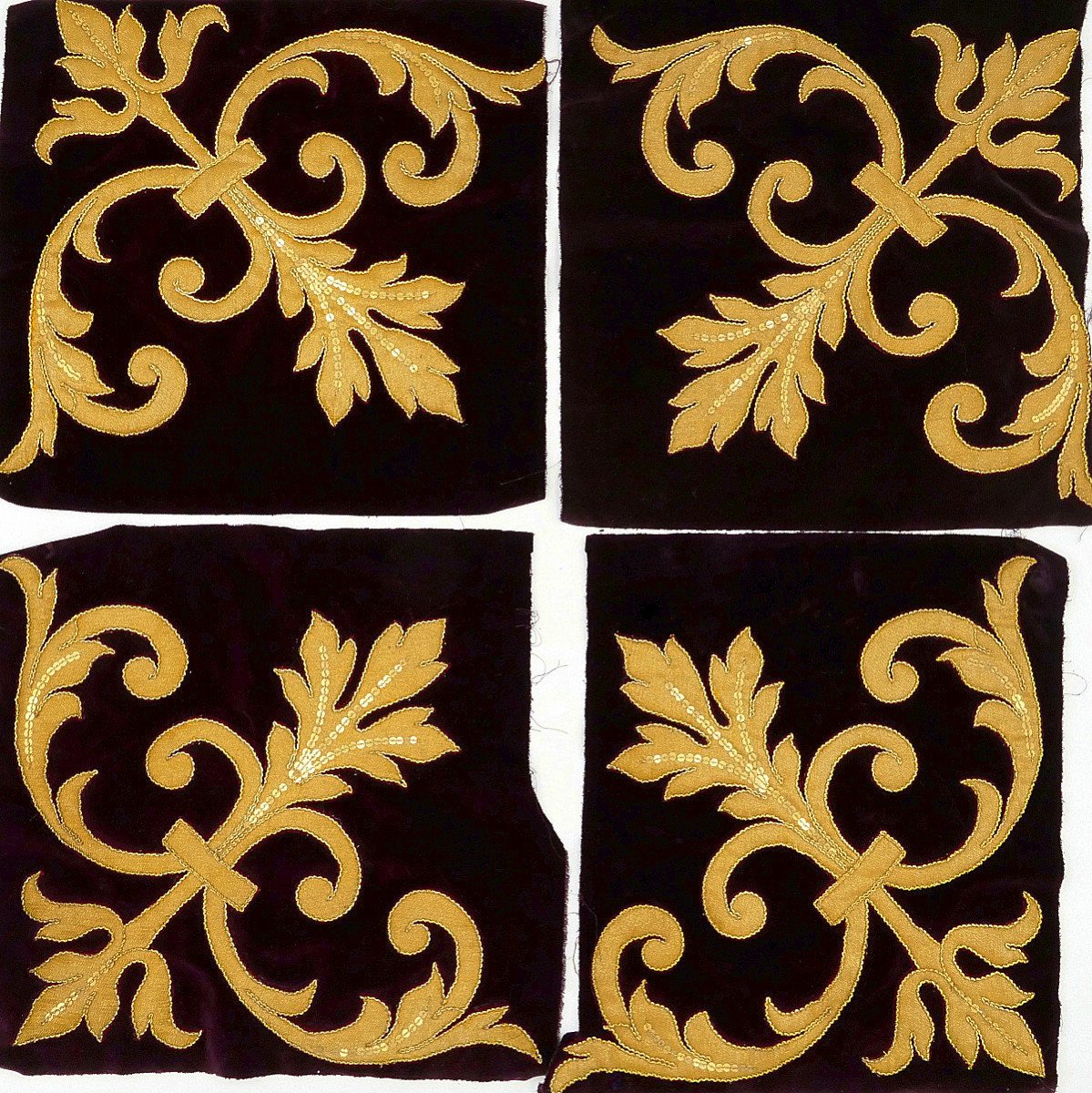 Four Purple Velvet Fabrics And Gold Embroidery, Napoleon III, 19th Century.