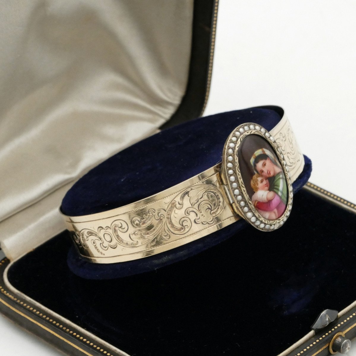 Bracelet, Argent Massif, Miniature, Camé, émail Et Perles « Vierge à La Chaise », Napoléon III.-photo-2