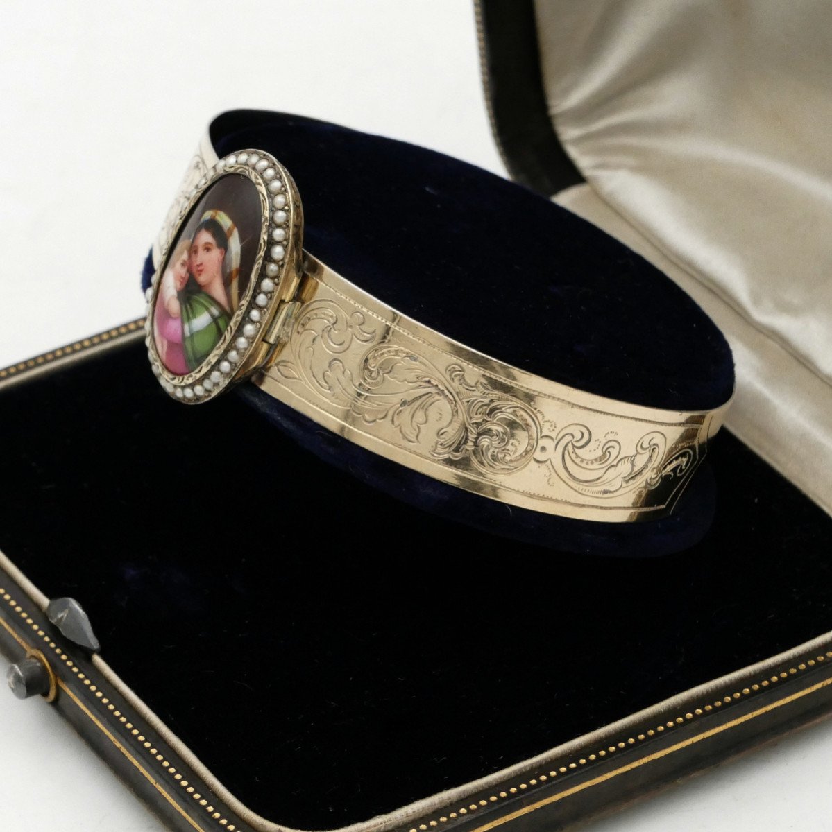 Bracelet, Argent Massif, Miniature, Camé, émail Et Perles « Vierge à La Chaise », Napoléon III.-photo-3