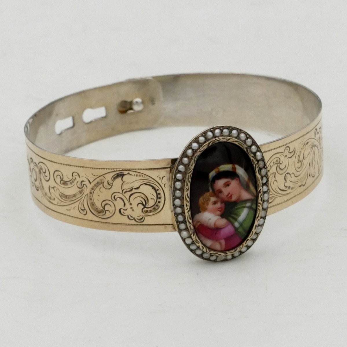 Bracelet, Argent Massif, Miniature, Camé, émail Et Perles « Vierge à La Chaise », Napoléon III.-photo-4