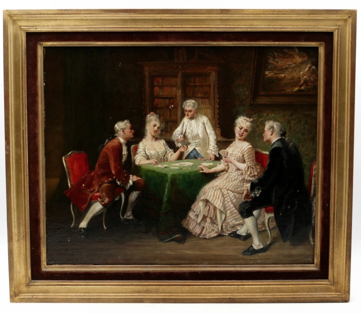 “the Card Players” Oil On Wood In The Taste Of The 18th Century, Late 19th Century Period.-photo-2