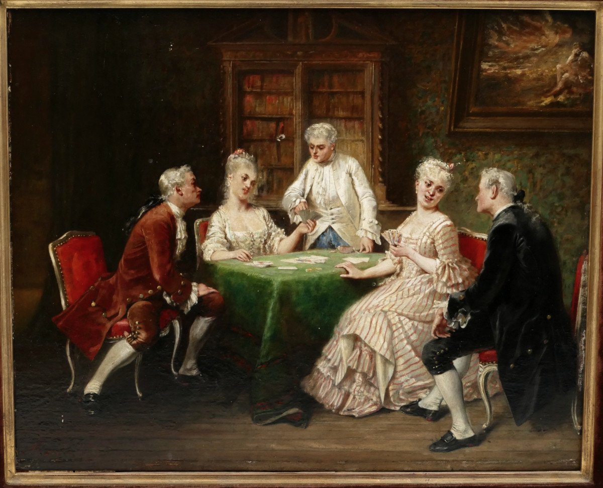 “the Card Players” Oil On Wood In The Taste Of The 18th Century, Late 19th Century Period.-photo-3