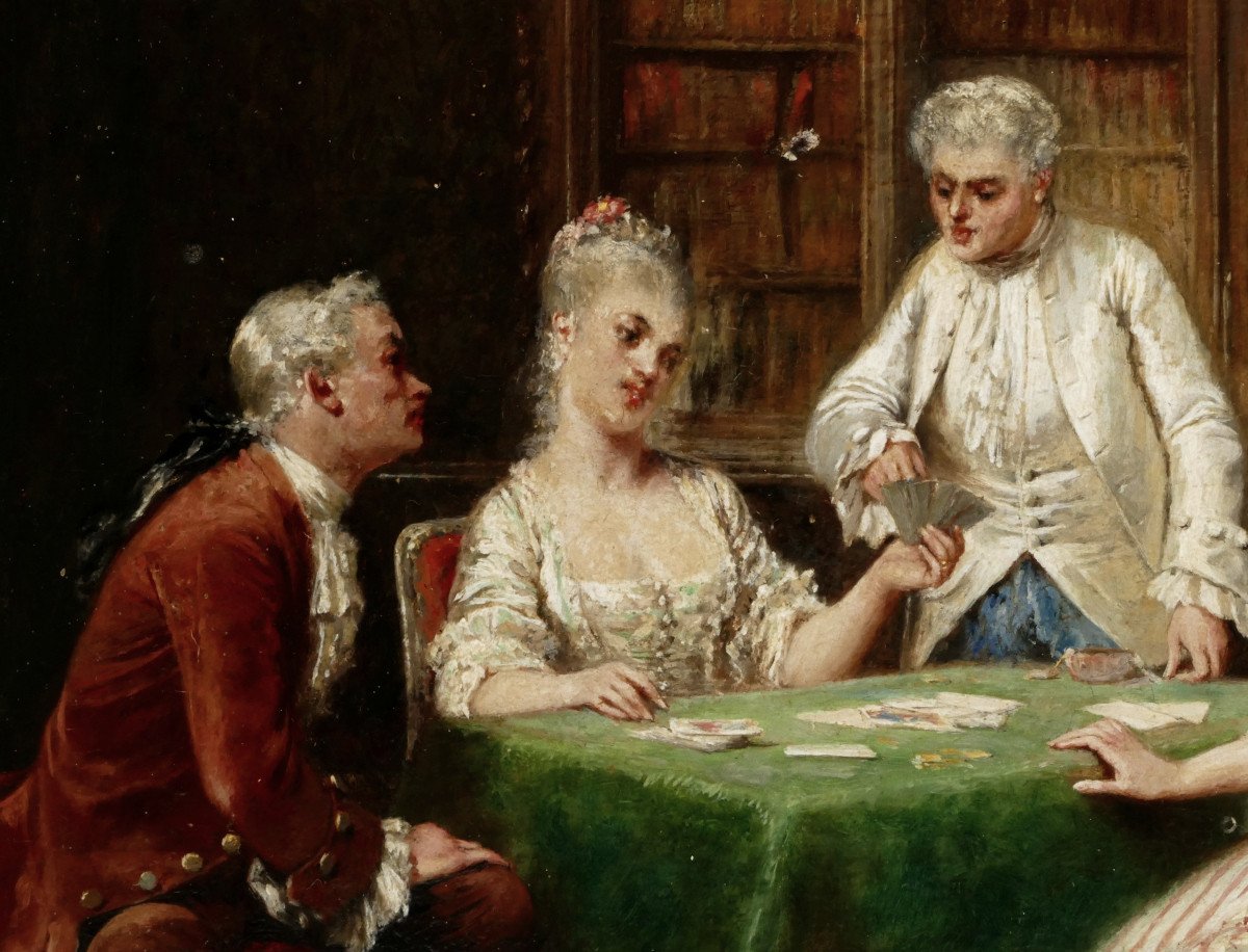 “the Card Players” Oil On Wood In The Taste Of The 18th Century, Late 19th Century Period.-photo-4