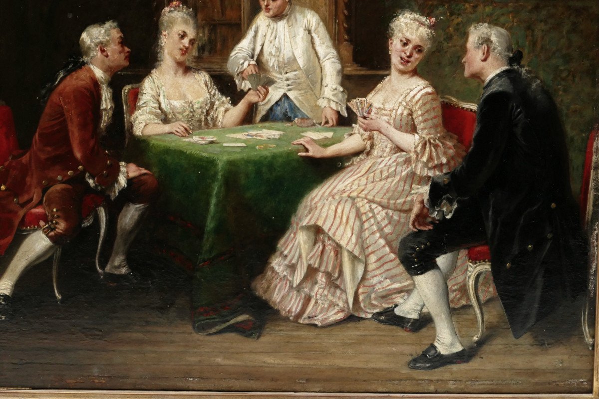 “the Card Players” Oil On Wood In The Taste Of The 18th Century, Late 19th Century Period.-photo-2